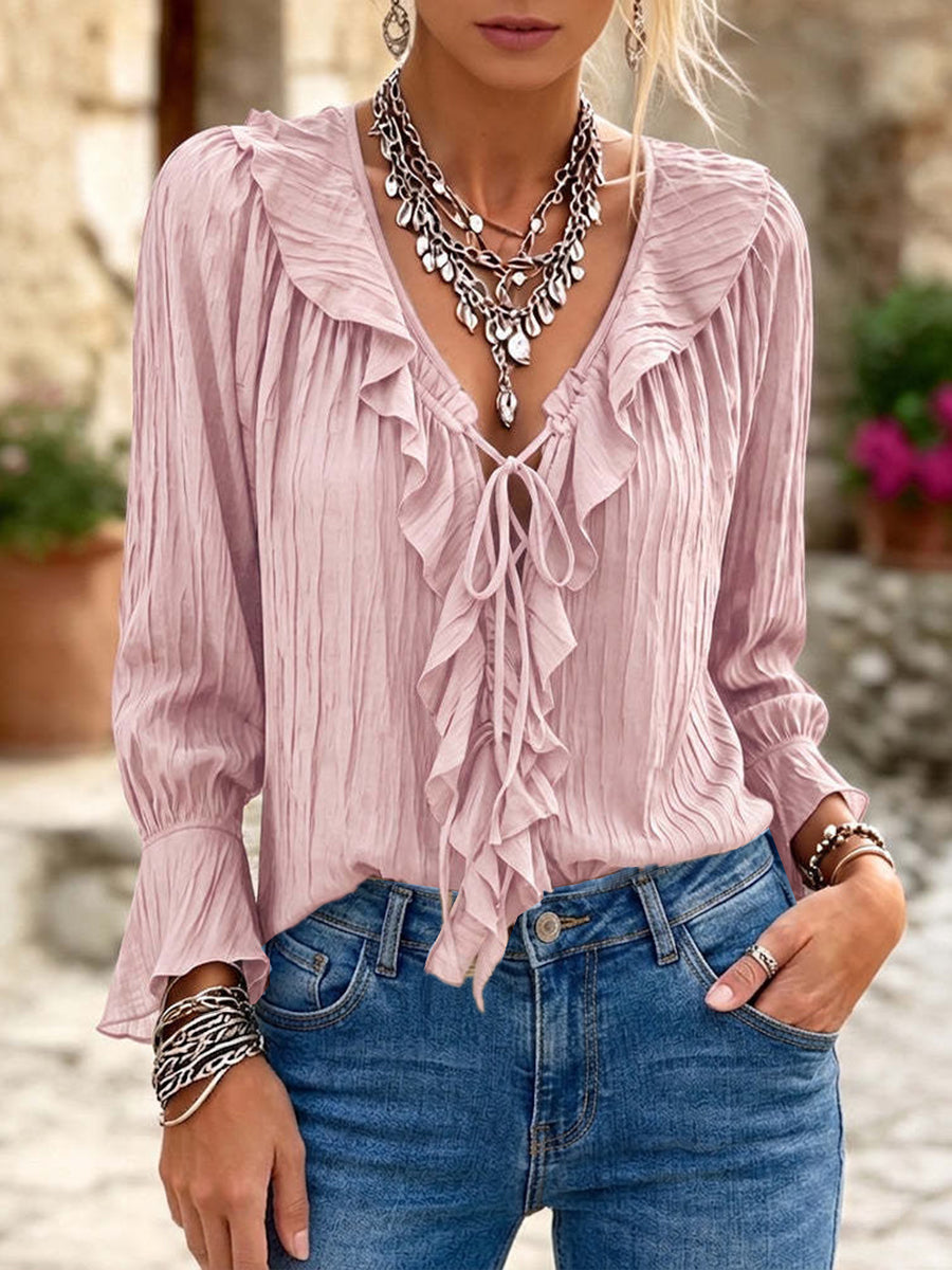 Casual Ruffle-collar Tie-neck Shirt In Textured Pleated Fabric