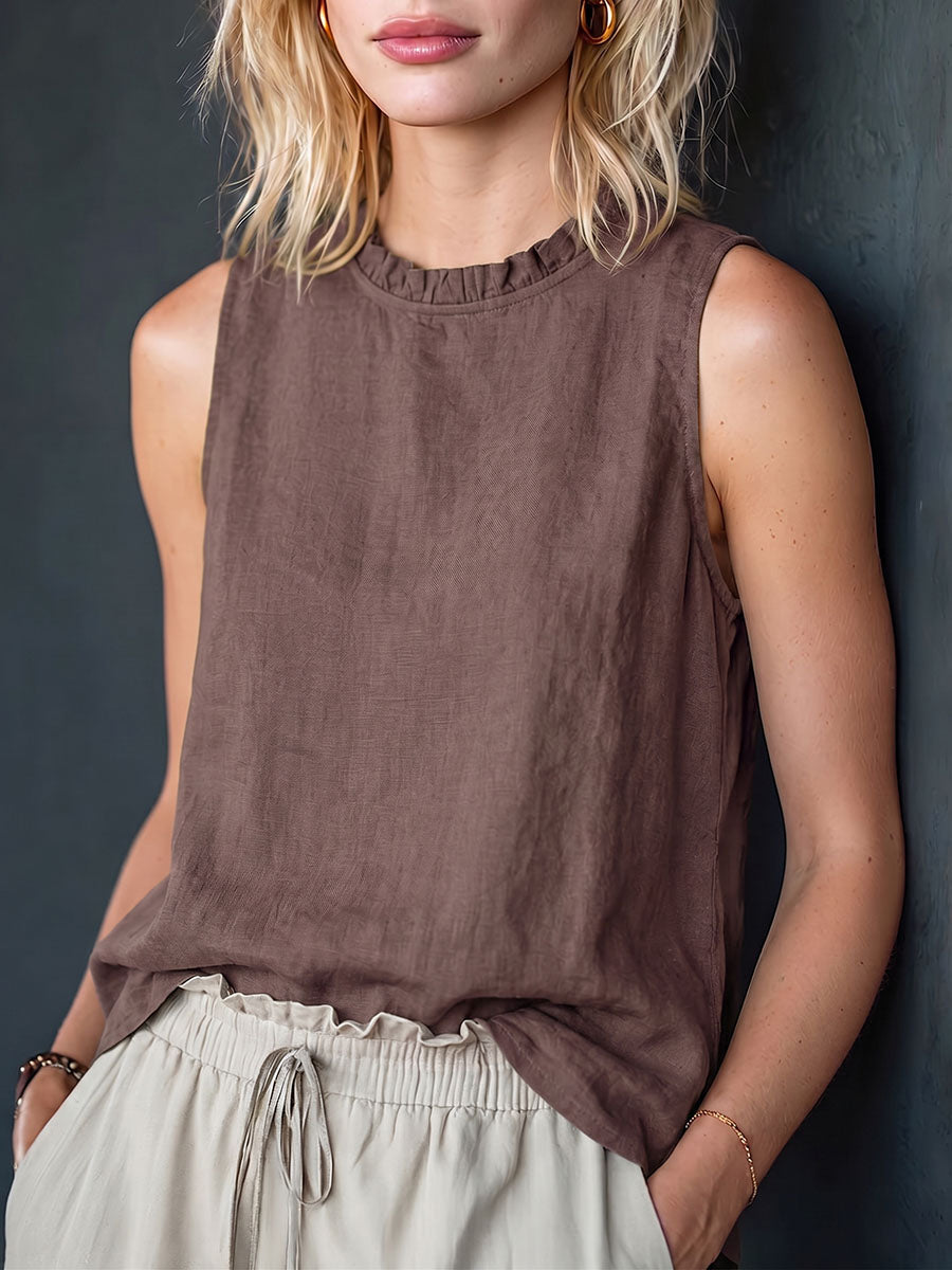 Women's Solid-color Sleeveless Cotton-linen Top With Lettuce-edge Crew Neck (loose Fit)