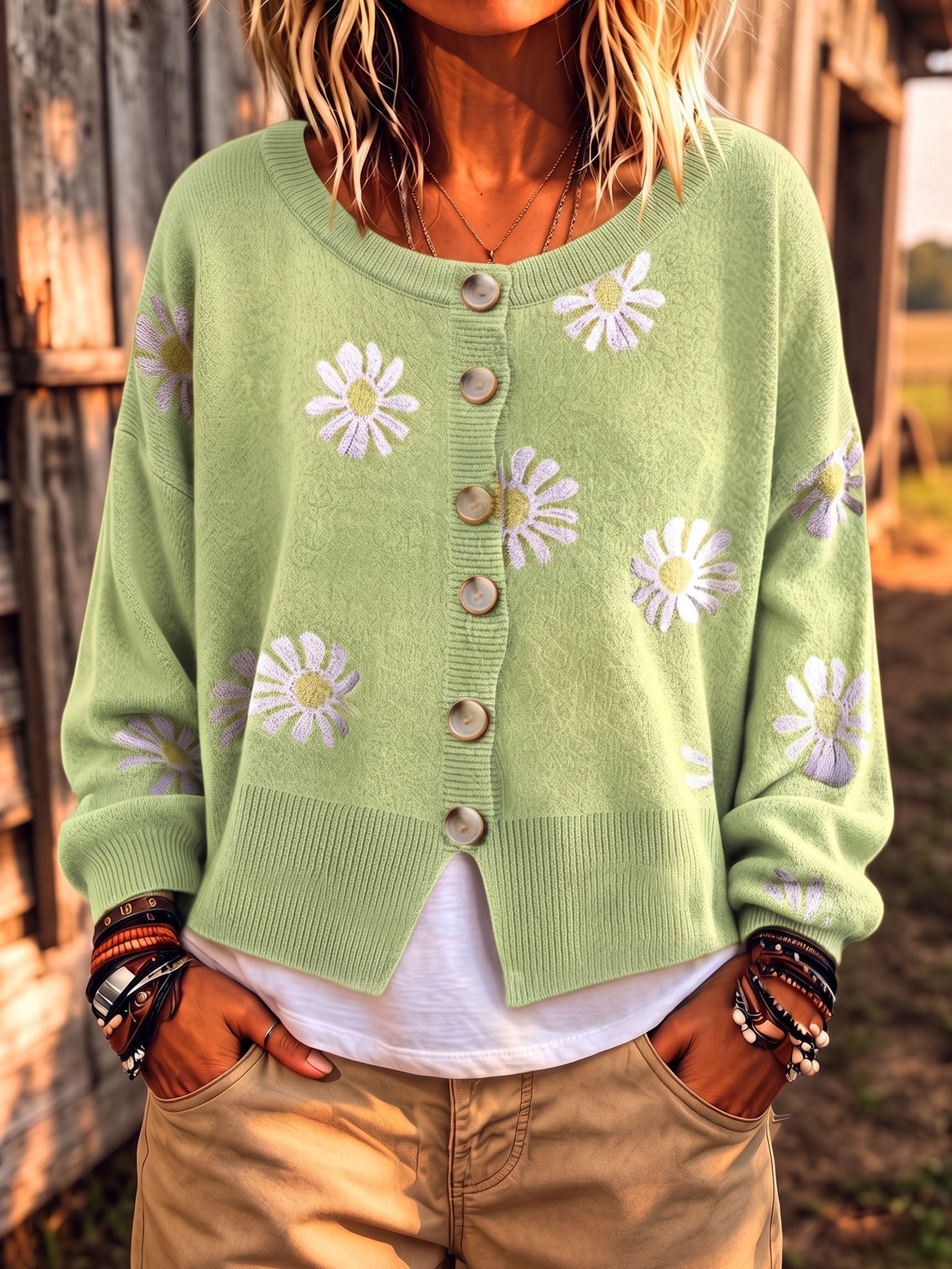 Daisy Pattern Button-up Cardigan Sweater