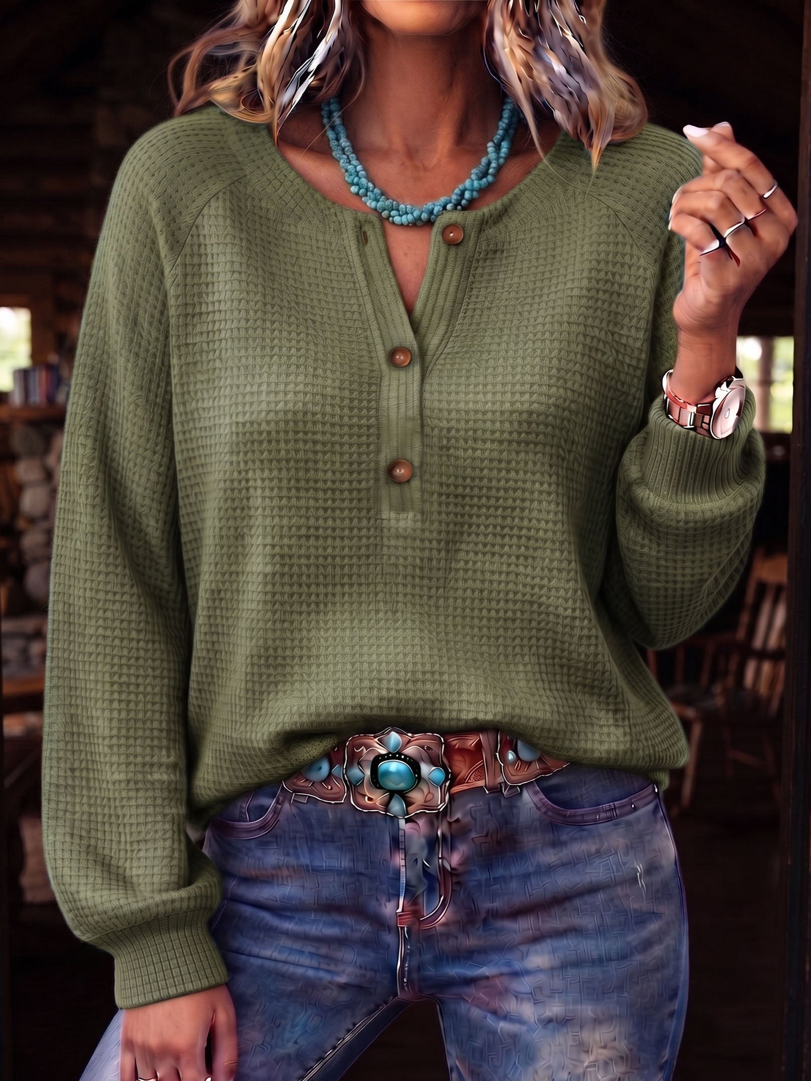 Cozy Waffle Knit Henley Top