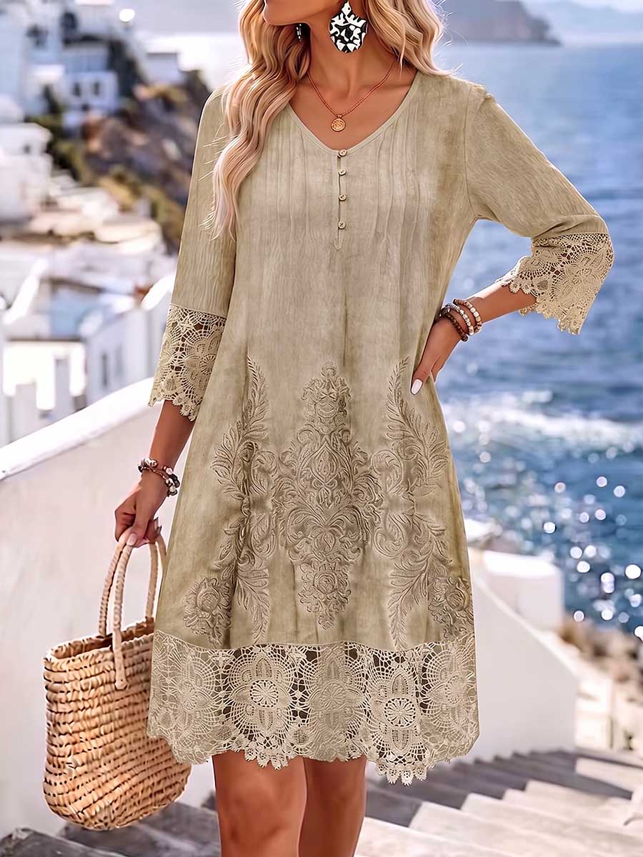 Women's Casual Loose-fit V-neck 3/4 Sleeve Dress With Placement Print And Lace Paneling