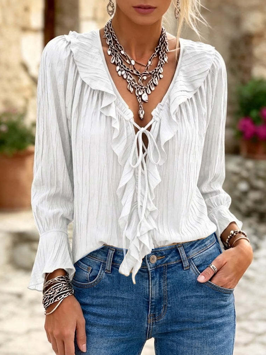 Casual Ruffle-collar Tie-neck Shirt In Textured Pleated Fabric