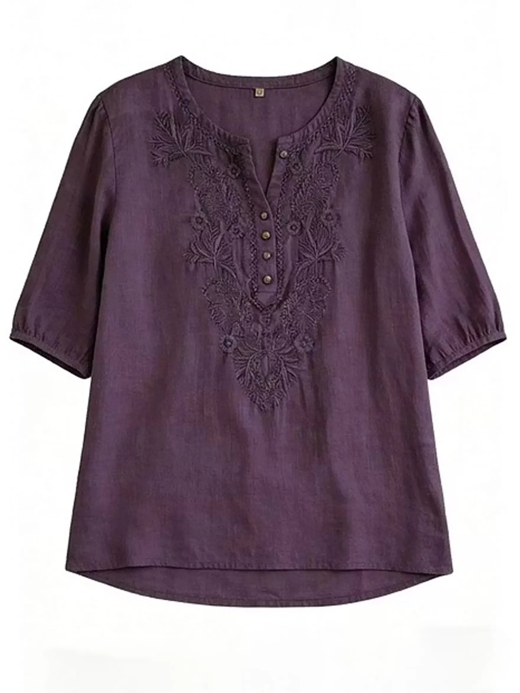 Women's Loose-fit Cotton-linen Embroidered Short-sleeve Round-neck Top