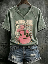 V Neck Retro Country Queen Forever Rhinestone Soul Print T-Shirt
