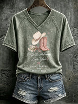 V Neck Retro I Will Always Love You Western Cowgirl Pink Cowboy Boots Print T-Shirt