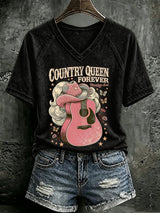 V Neck Retro Country Queen Forever Rhinestone Soul Print T-Shirt