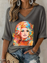 V-Neck Retro Dolly Watercolor Painting Print T-Shirt