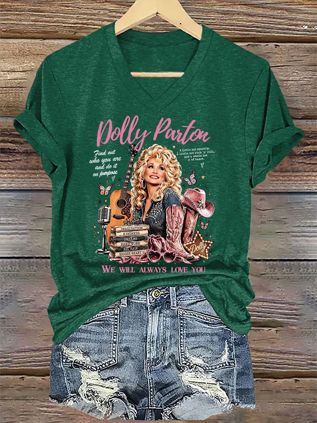V-Neck Retro Find Out Who You Are And Do It On Purpose A Little Bit Country, A Little Bit Rock 'N' Roll, And A Whole Lot Of Heart. We Will Always Love You Print T-Shirt