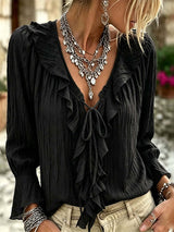 Casual Ruffle-collar Tie-neck Shirt In Textured Pleated Fabric