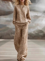 Cozy And Casual Leopard-print Knit Pullover And Pants Two-piece Set