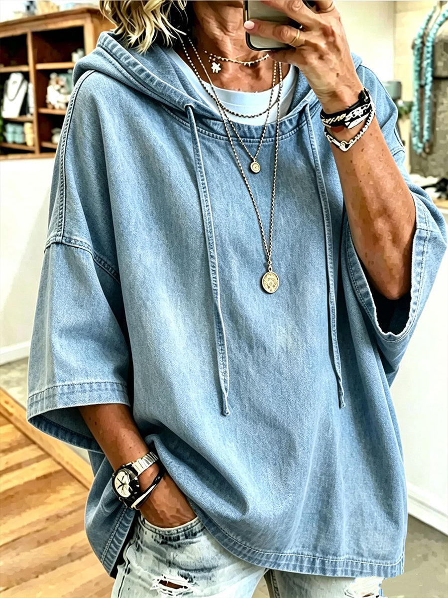Casual Oversized Chambray Denim Hoodie
