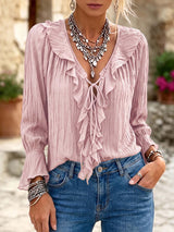 Casual Ruffle-collar Tie-neck Shirt In Textured Pleated Fabric