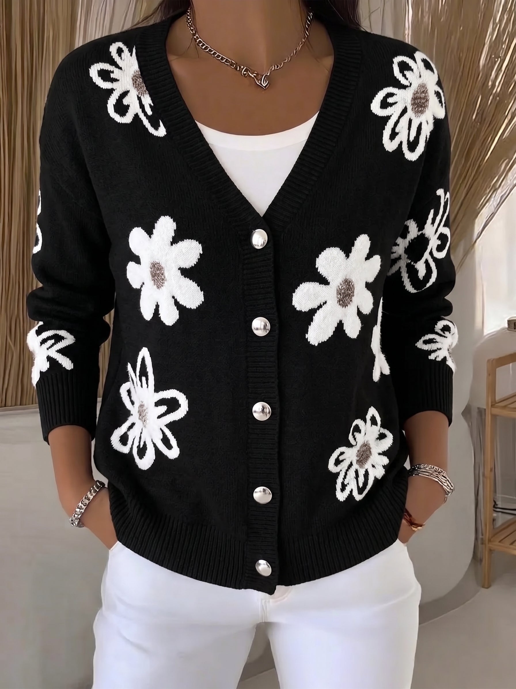 Sweet Floral Fuzzy V-Neck Cardigan