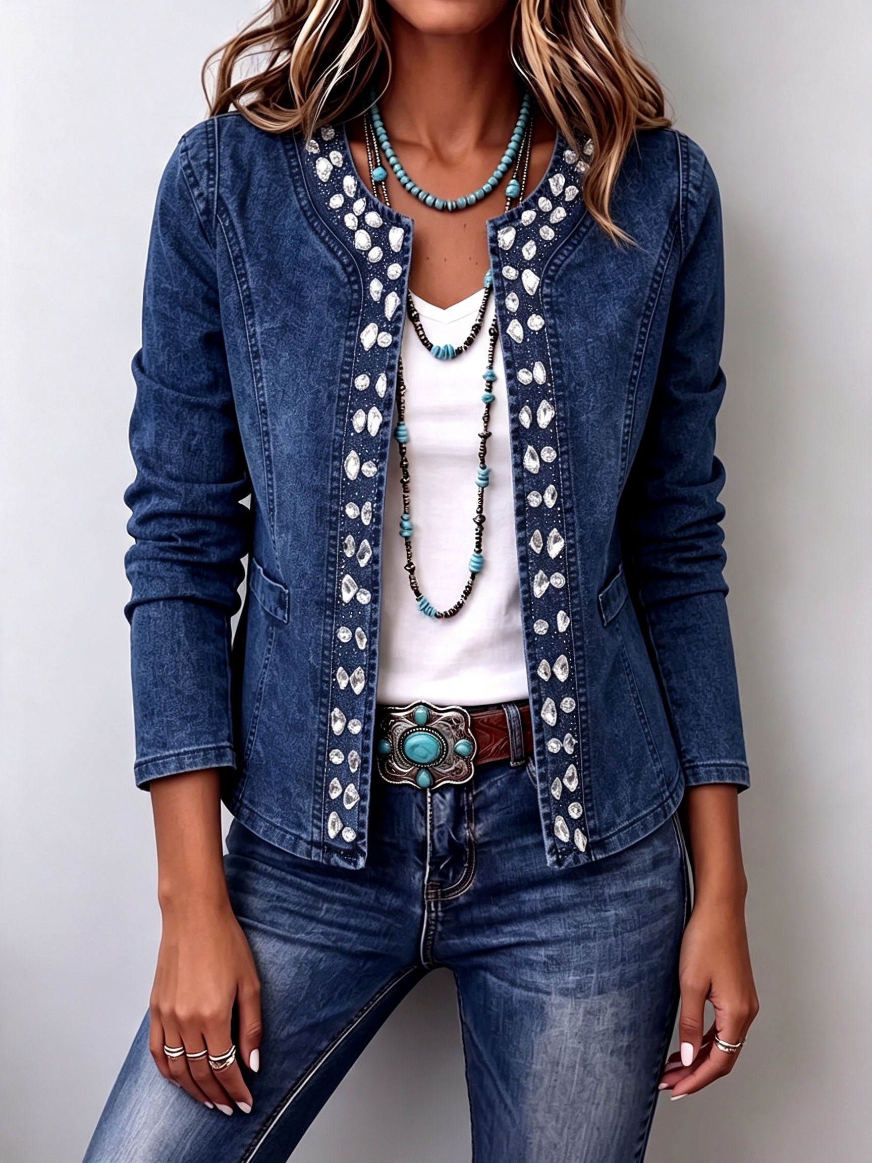 Elegant Rhinestone Trim Stretch Denim Jacket