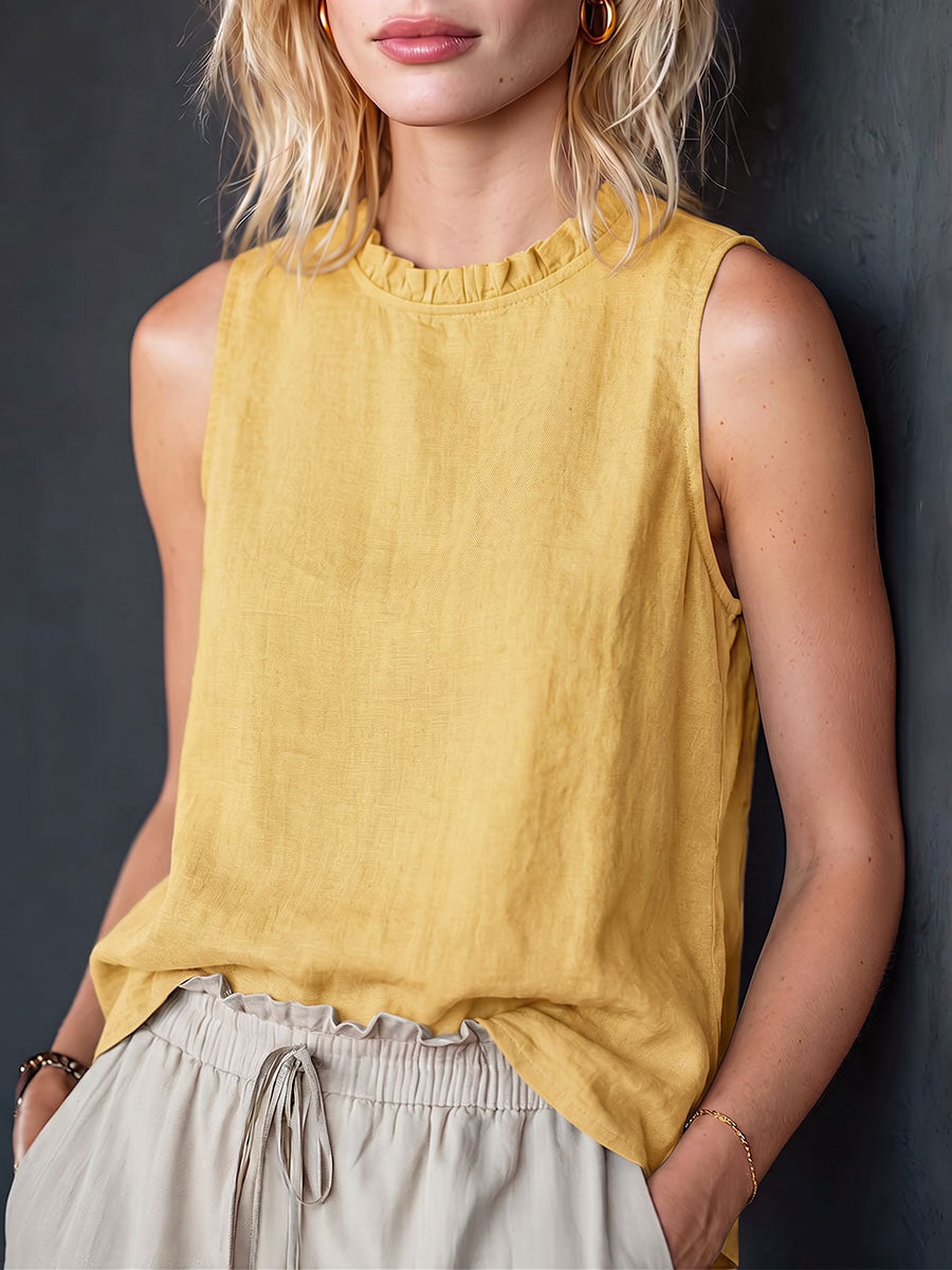 Women's Solid-color Sleeveless Cotton-linen Top With Lettuce-edge Crew Neck (loose Fit)