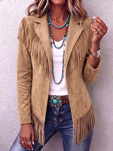 Women's Solid Color Lapel Long-sleeved Casual Loose Tassel Jacket