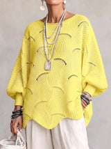 Hollow Wave Pattern Loose Lantern Sleeve Knit Top