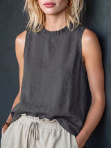 Women's Solid-color Sleeveless Cotton-linen Top With Lettuce-edge Crew Neck (loose Fit)