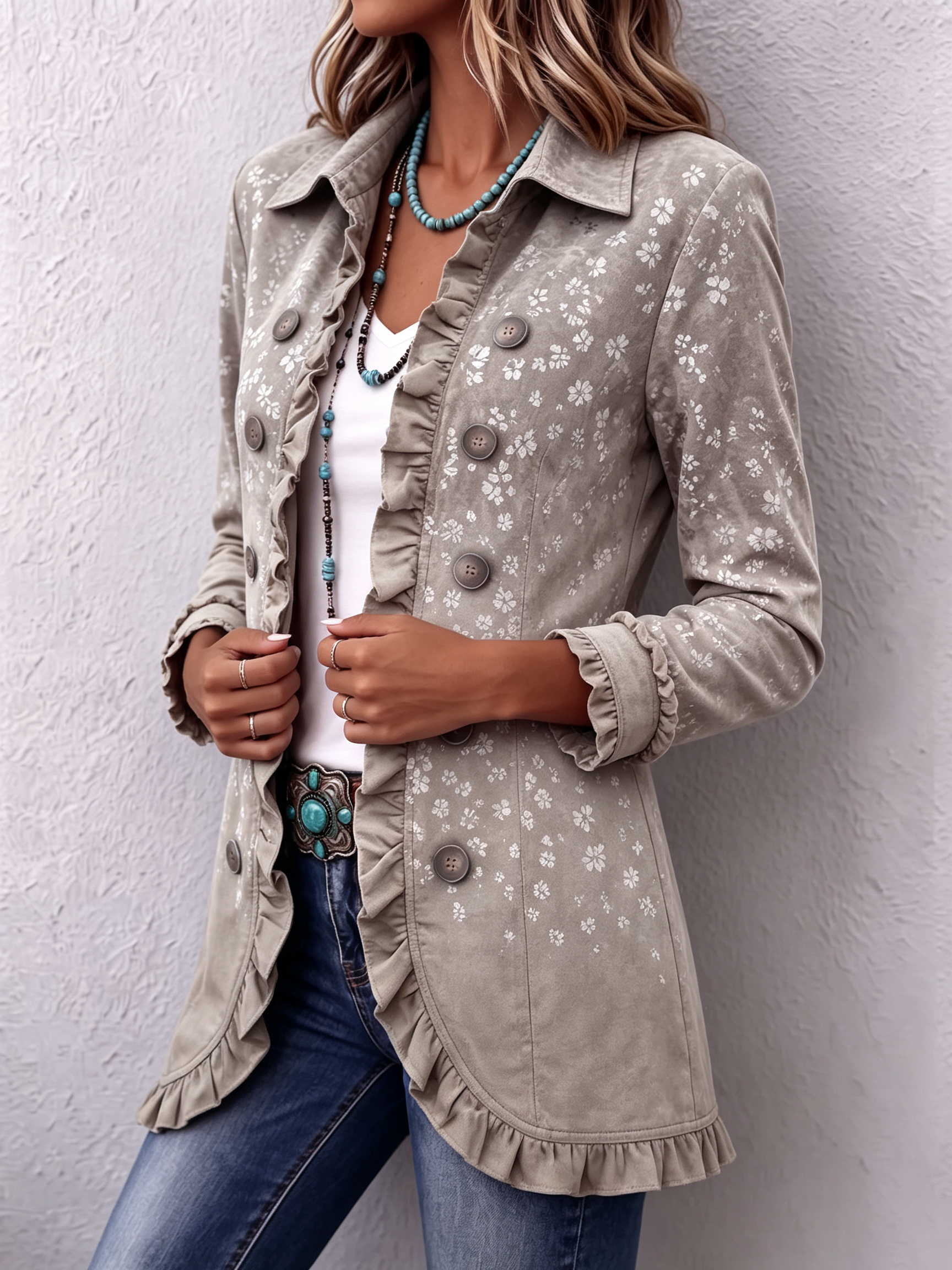 Boho Chic Gold Floral Print Gradient Jacket