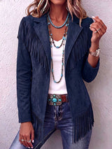 Women's Solid Color Lapel Long-sleeved Casual Loose Tassel Jacket