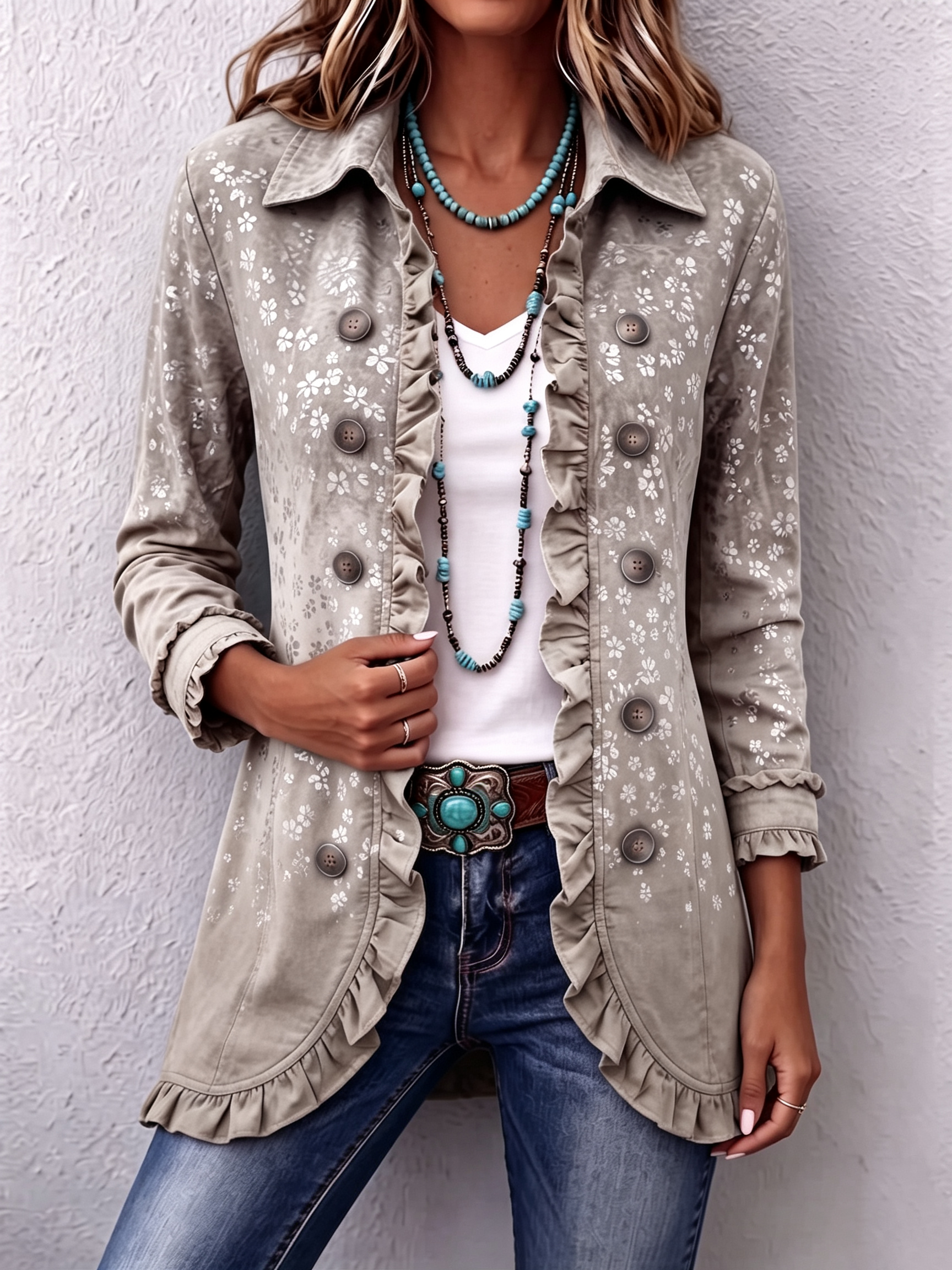 Boho Chic Gold Floral Print Gradient Jacket
