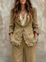 Casual Linen-cotton Blazer With Ruffle Details