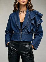 Casual Ruffled Cropped Denim Jacket