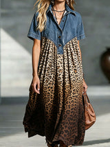 Women’s Denim Spliced Gradient Leopard Print Shirt Midi Dress