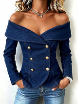 Chic Off-Shoulder Double-Breasted Denim Top