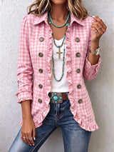 Chic Green Gingham Ruffled Button-Down Jacket