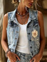 Romantic 3D Floral Embellished Denim Vest