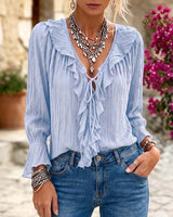 Casual Ruffle-collar Tie-neck Shirt In Textured Pleated Fabric