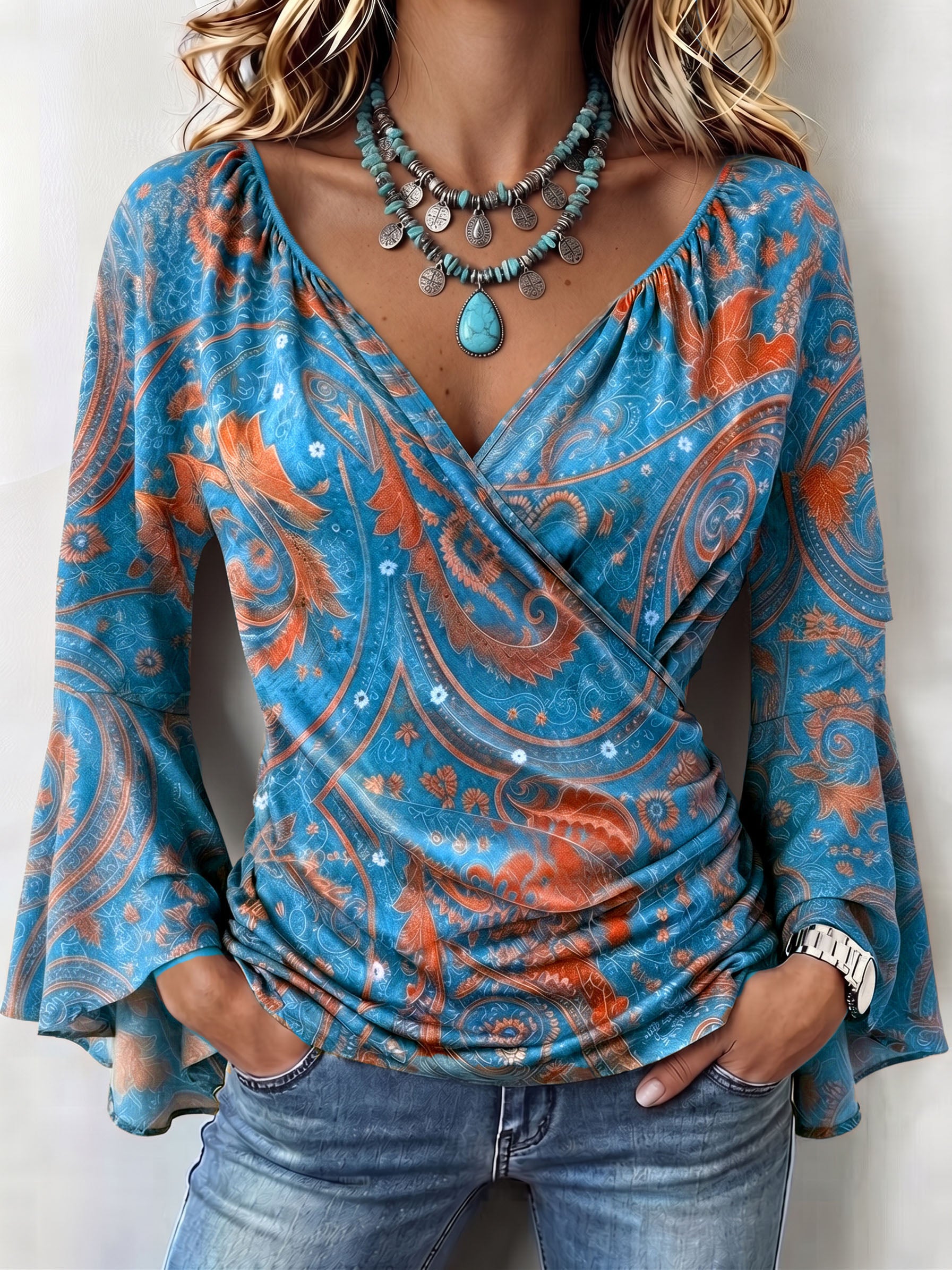 Bohemian Casual Stretch Bell Sleeves Blouse