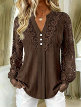 Romantic Mixed-Media Lace Blouse – Button-Front V-Neck & Sheer Crochet Sleeves