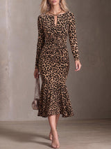 Women's Leopard Print Boat Neck Long Sleeve Casual Loose Bodycon Dress